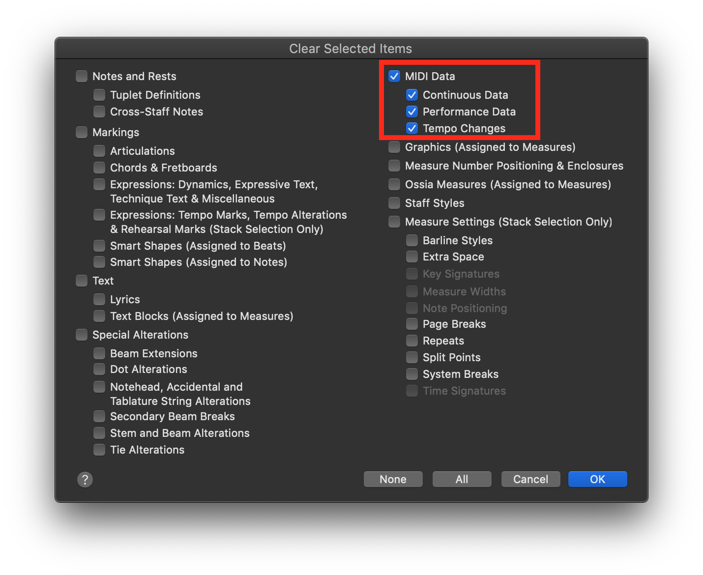 Clear Selected Items dialog window with MIDI Data selected