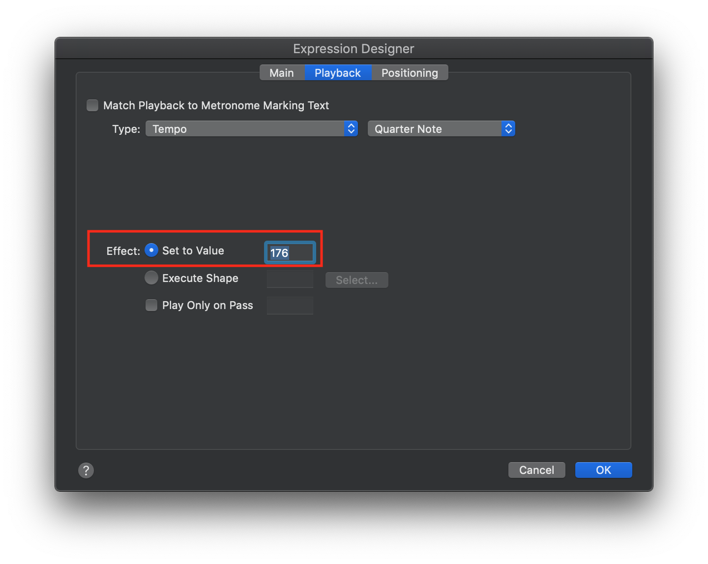 Expression designer window showing that Tempo is Quarter Note at 176 in the Playback tab