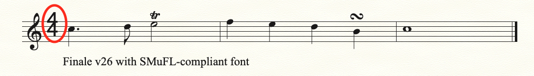 Finale v26 using SMuFL-compliant font, Finale Maestro. Shows incorrect time signature in the file
