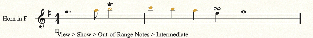 displays yellow notes that are out of range for intermediate french horn players