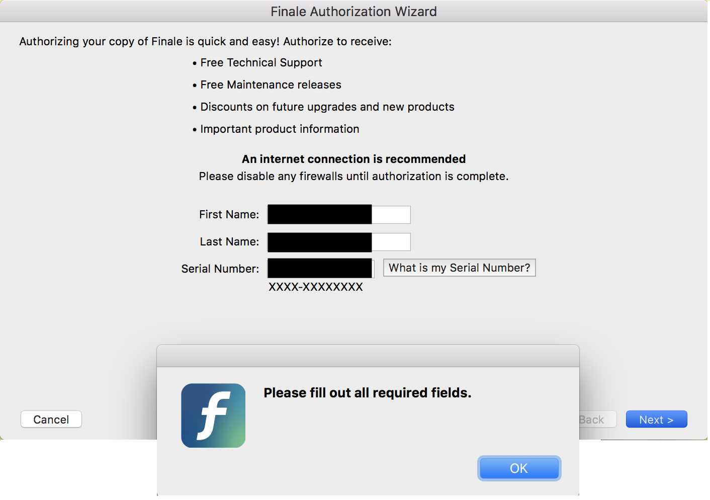 Please fill out all required fields error message during authorization